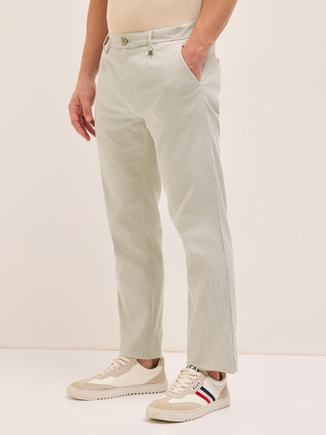 Cream and White Pinstriped Straight Fit Casual Trousers