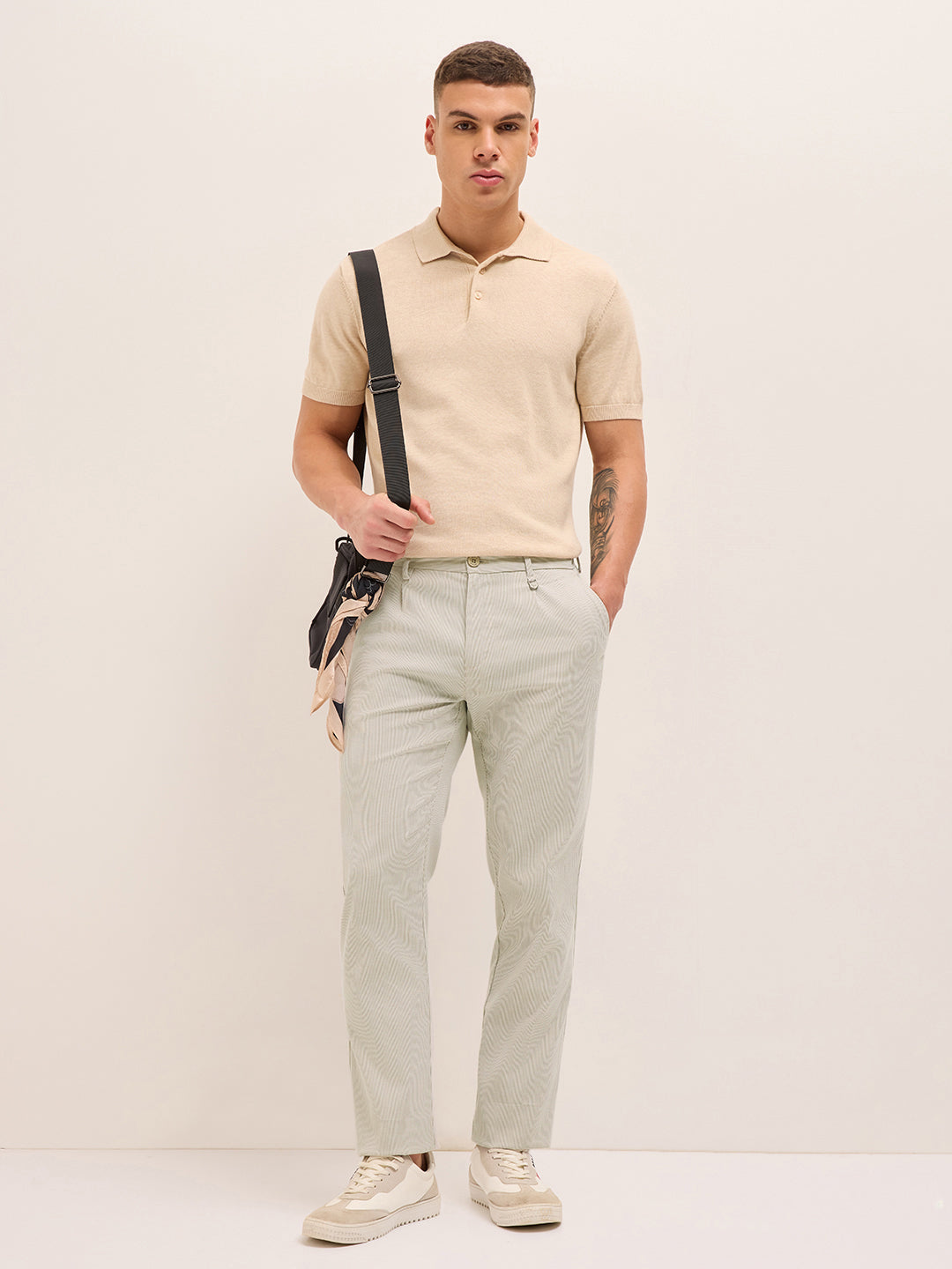 Cream and White Pinstriped Straight Fit Casual Trousers