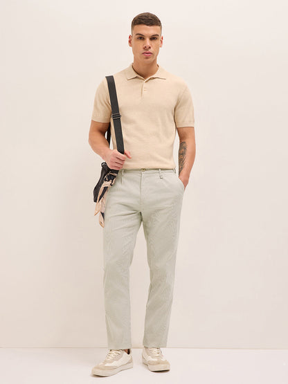 Cream and White Pinstriped Straight Fit Casual Trousers