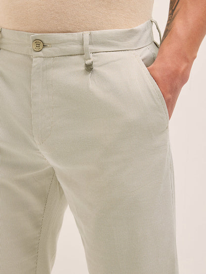 Cream and White Pinstriped Straight Fit Casual Trousers