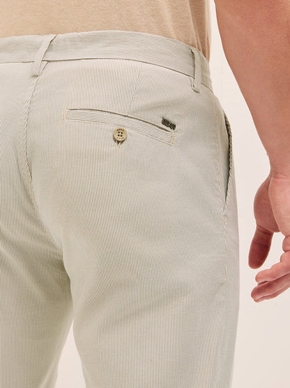 Cream and White Pinstriped Straight Fit Casual Trousers