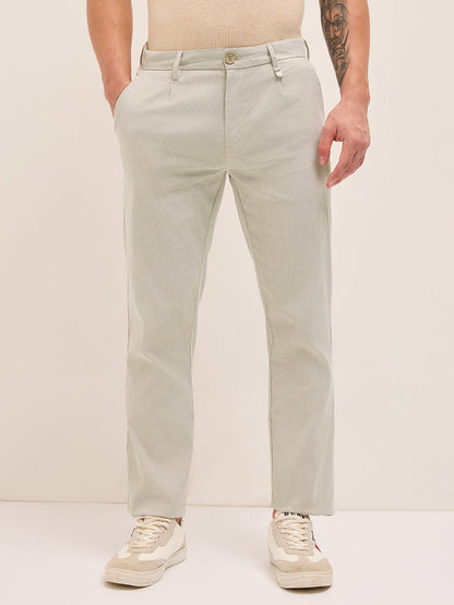 Cream and White Pinstriped Straight Fit Casual Trousers