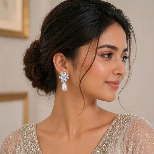 Silver Crystal Pearl Floral Drop Earrings For Women