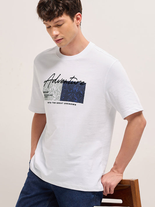 White Crew Neck T-Shirt with Adventure Graphic Print