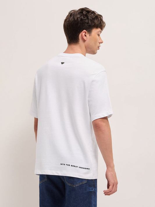 White Crew Neck T-Shirt with Adventure Graphic Print