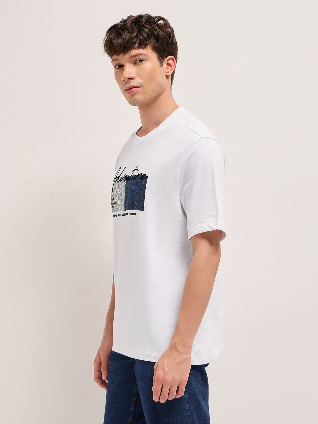 White Crew Neck T-Shirt with Adventure Graphic Print