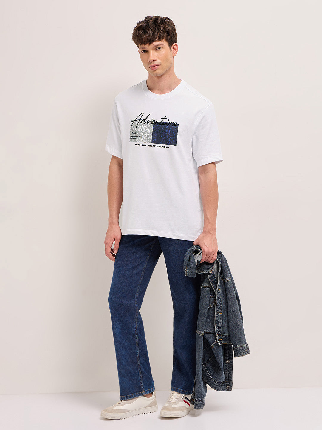 White Crew Neck T-Shirt with Adventure Graphic Print