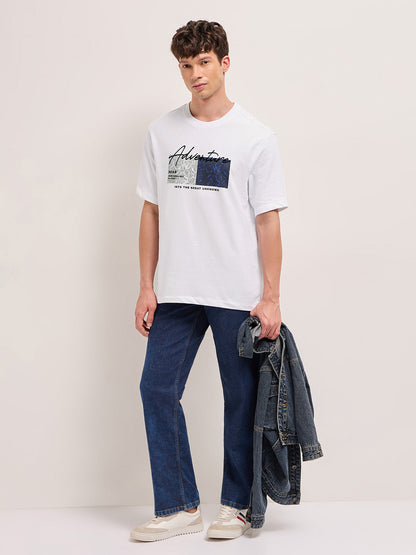 White Crew Neck T-Shirt with Adventure Graphic Print