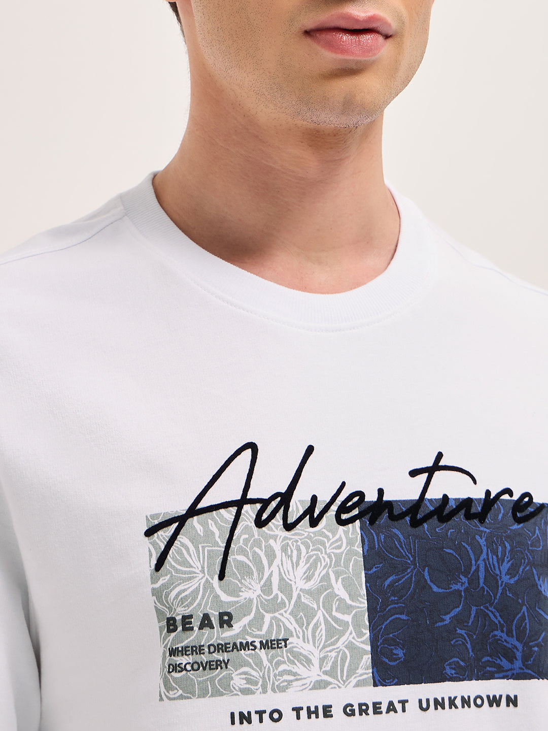 White Crew Neck T-Shirt with Adventure Graphic Print