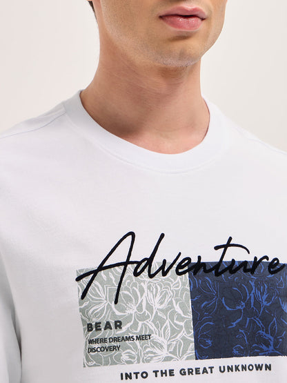 White Crew Neck T-Shirt with Adventure Graphic Print