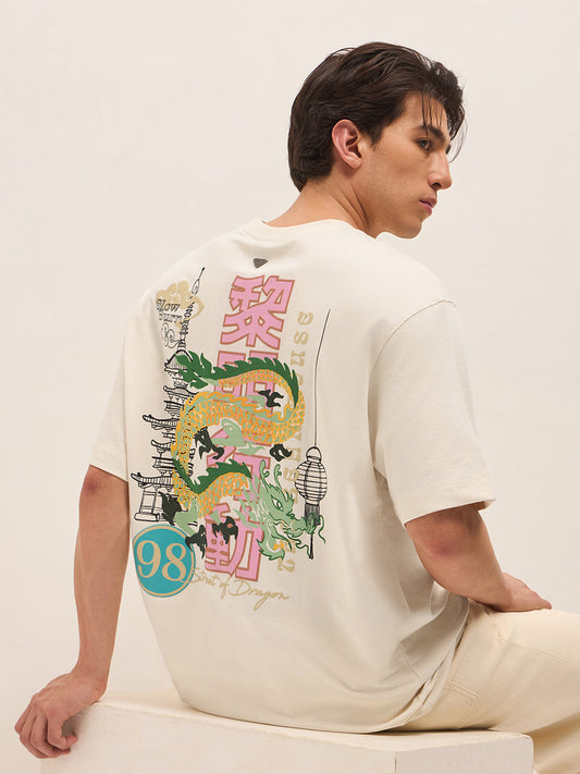Cream Crew Neck Graphic Print T-Shirt with Dragon Illustration on Back