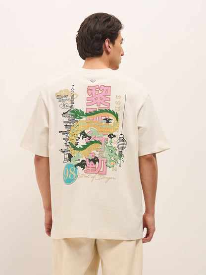 Cream Crew Neck Graphic Print T-Shirt with Dragon Illustration on Back