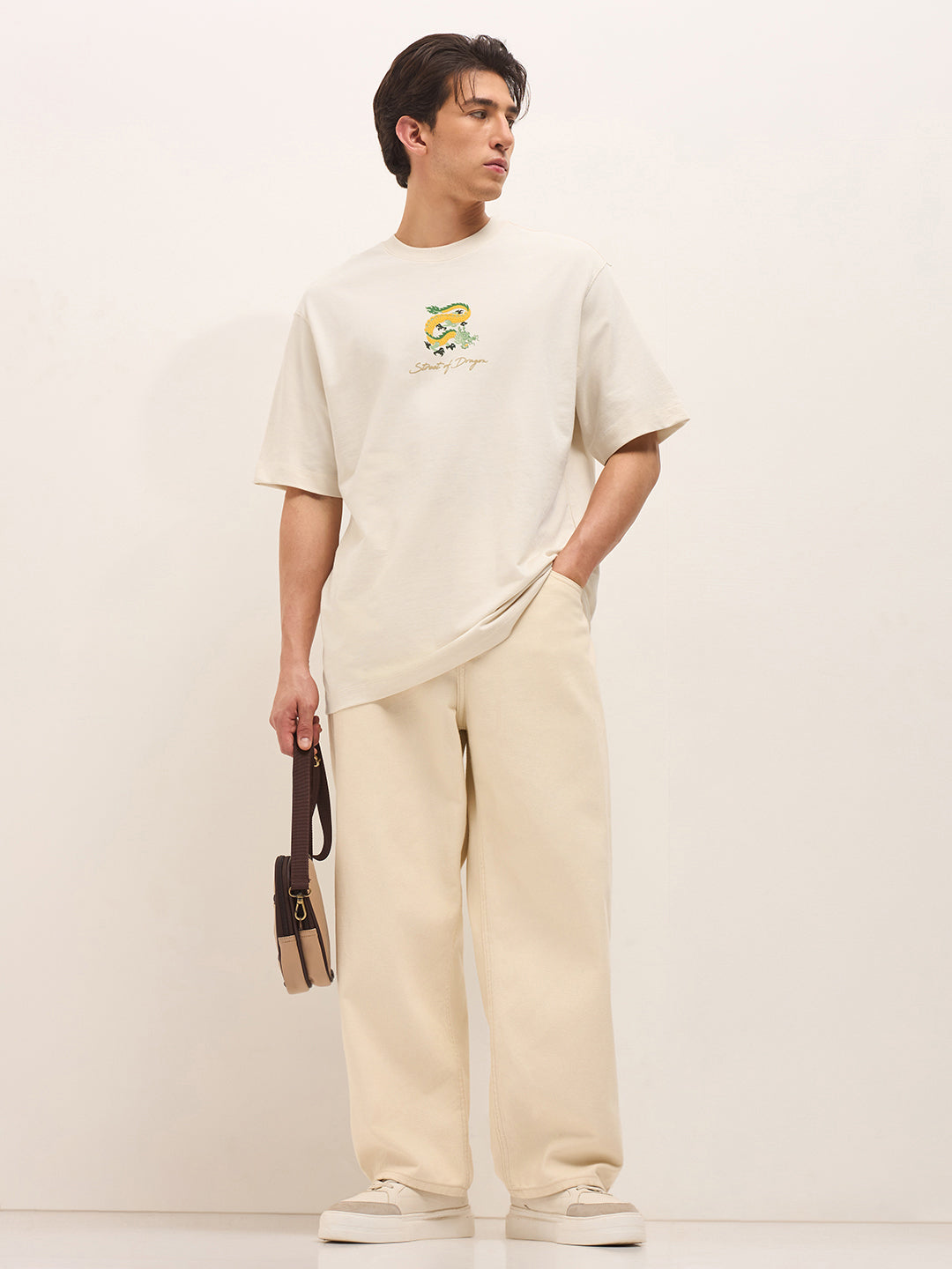 Cream Crew Neck Graphic Print T-Shirt with Dragon Illustration on Back