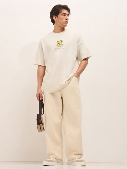 Cream Crew Neck Graphic Print T-Shirt with Dragon Illustration on Back