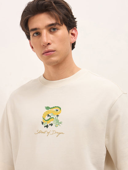 Cream Crew Neck Graphic Print T-Shirt with Dragon Illustration on Back