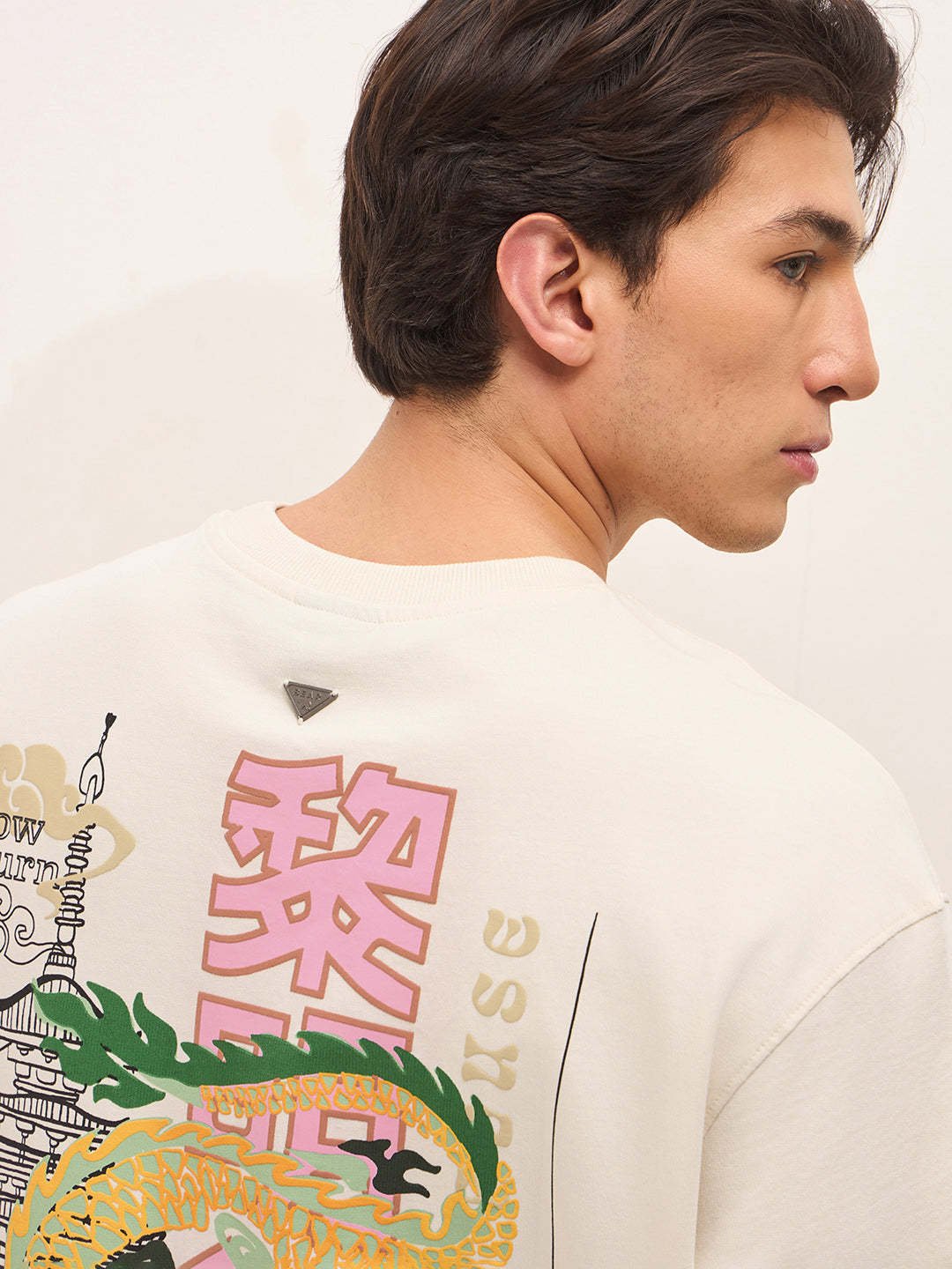 Cream Crew Neck Graphic Print T-Shirt with Dragon Illustration on Back