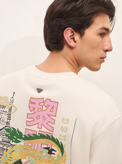 Cream Crew Neck Graphic Print T-Shirt with Dragon Illustration on Back