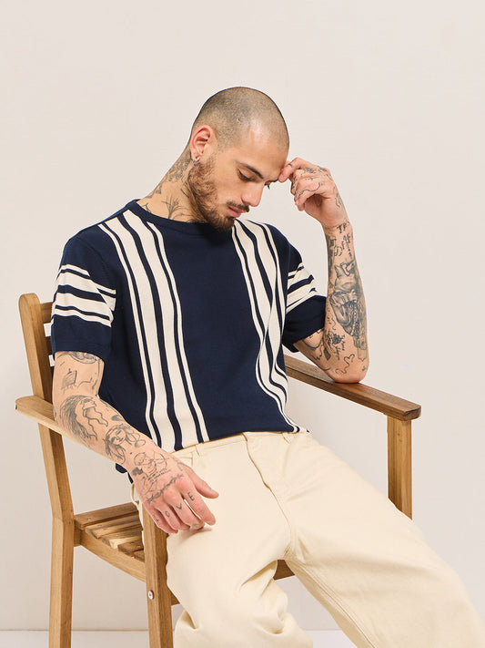 Blue with White Knitted Stripe Regular Fit Crew Neck T-shirt