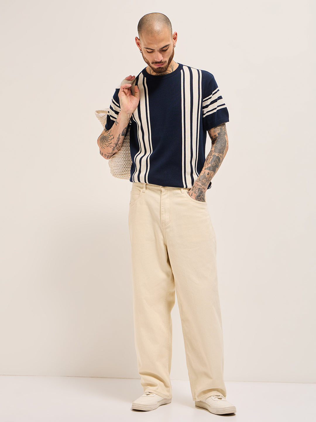 Blue with White Knitted Stripe Regular Fit Crew Neck T-shirt