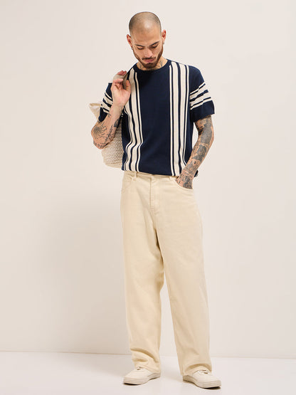 Blue with White Knitted Stripe Regular Fit Crew Neck T-shirt