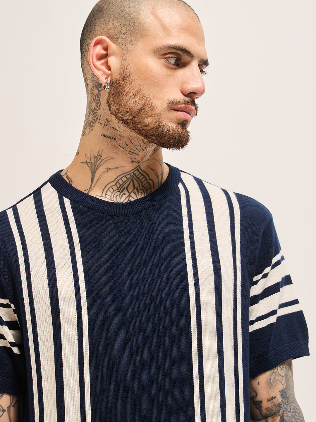 Blue with White Knitted Stripe Regular Fit Crew Neck T-shirt