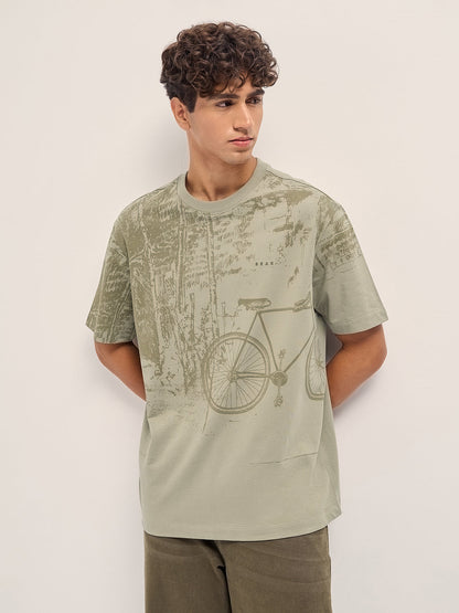 Beige Crew Neck T-Shirt with Abstract Bicycle Graphic Print