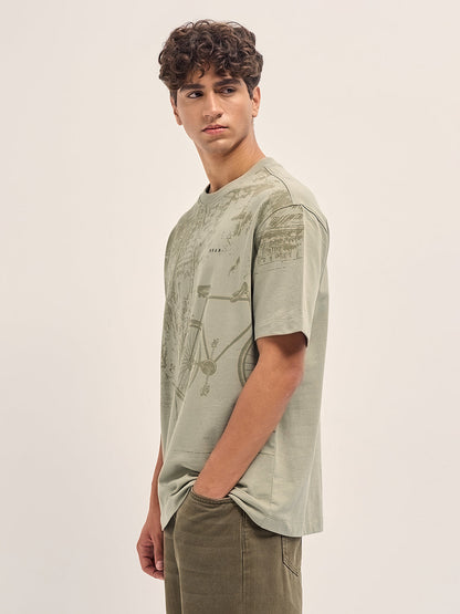 Beige Crew Neck T-Shirt with Abstract Bicycle Graphic Print