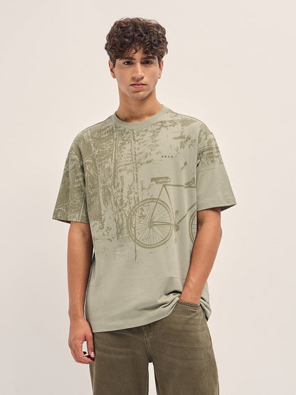 Beige Crew Neck T-Shirt with Abstract Bicycle Graphic Print