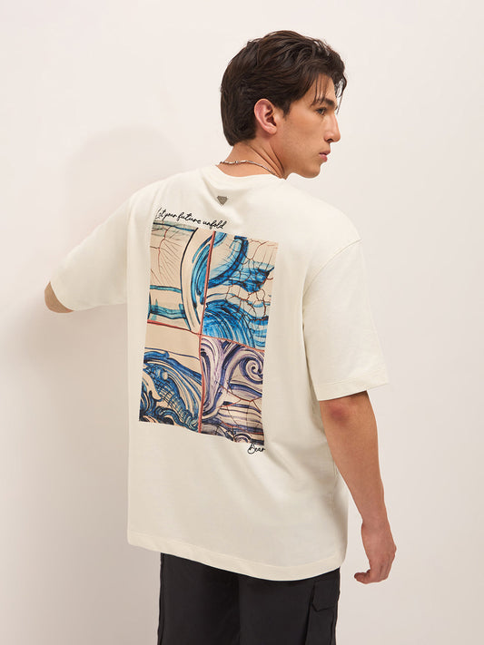 Cream Oversized Crew Neck T-Shirt with Abstract Swirl Back Pigment Print