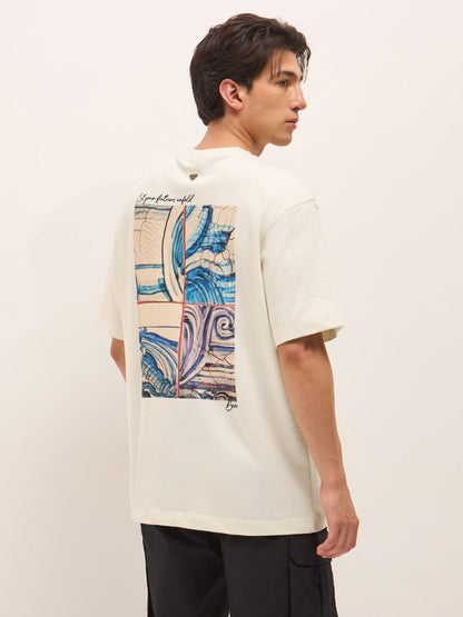 Cream Oversized Crew Neck T-Shirt with Abstract Swirl Back Pigment Print