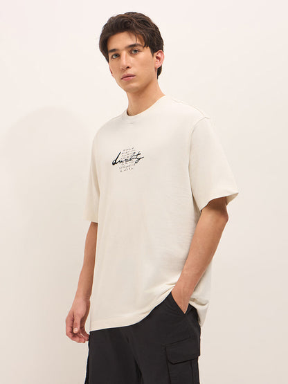 Cream Oversized Crew Neck T-Shirt with Abstract Swirl Back Pigment Print