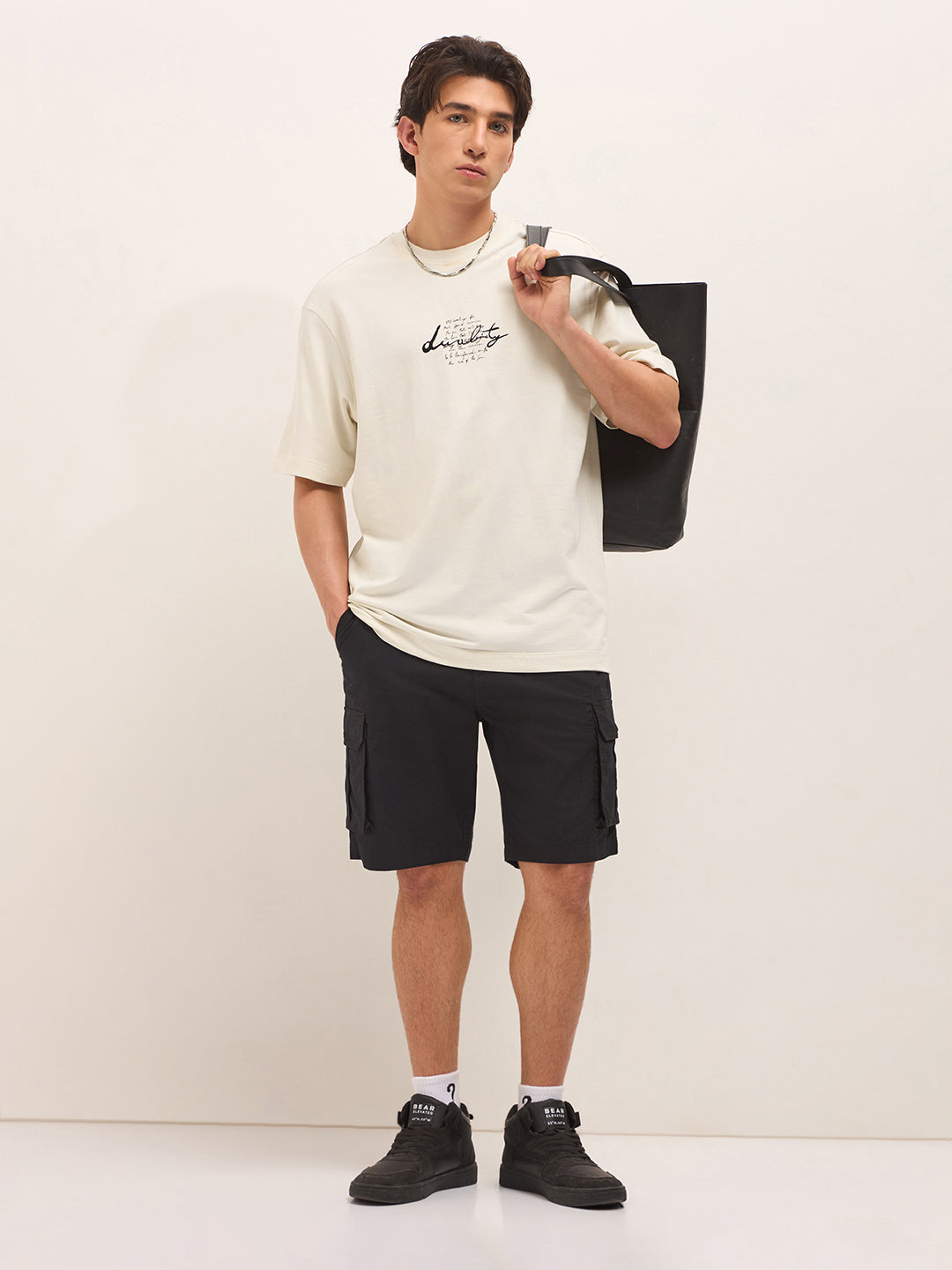 Cream Oversized Crew Neck T-Shirt with Abstract Swirl Back Pigment Print