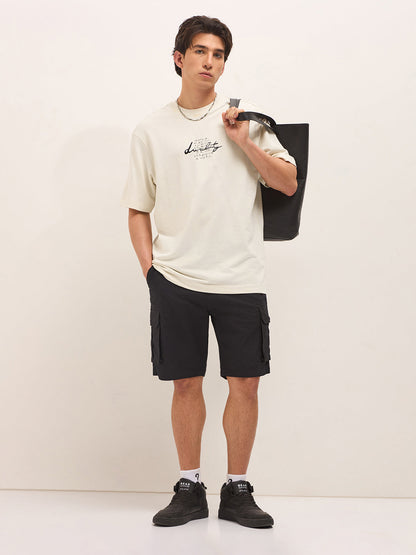 Cream Oversized Crew Neck T-Shirt with Abstract Swirl Back Pigment Print