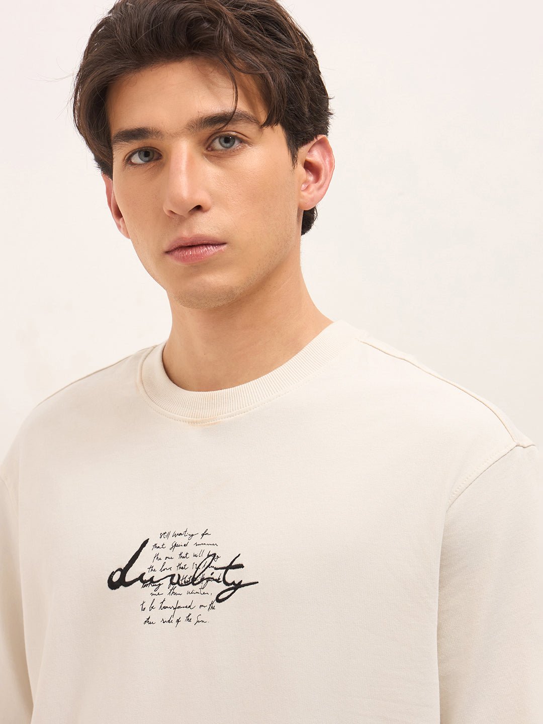 Cream Oversized Crew Neck T-Shirt with Abstract Swirl Back Pigment Print