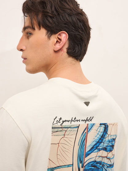 Cream Oversized Crew Neck T-Shirt with Abstract Swirl Back Pigment Print