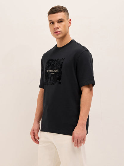 Black Relax Fit Crew Neck T-Shirt with Ethereal Vibes Leaf Graphic Print