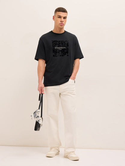Black Relax Fit Crew Neck T-Shirt with Ethereal Vibes Leaf Graphic Print