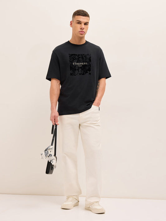 Black Relax Fit Crew Neck T-Shirt with Ethereal Vibes Leaf Graphic Print