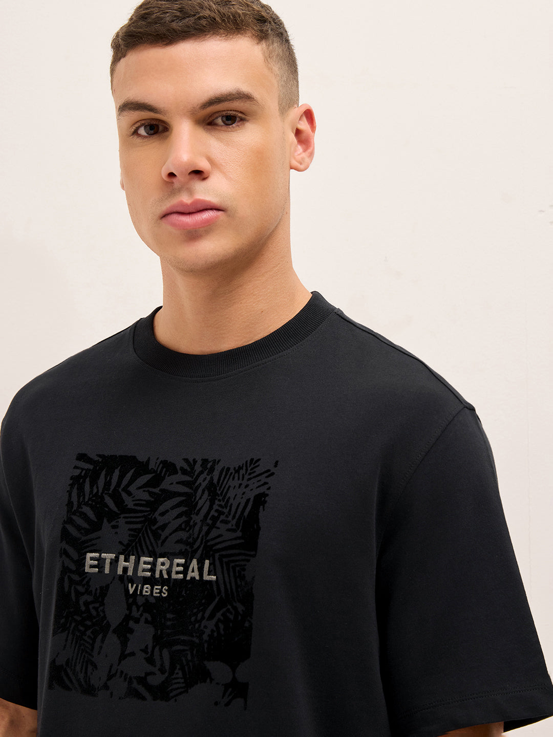 Black Relax Fit Crew Neck T-Shirt with Ethereal Vibes Leaf Graphic Print