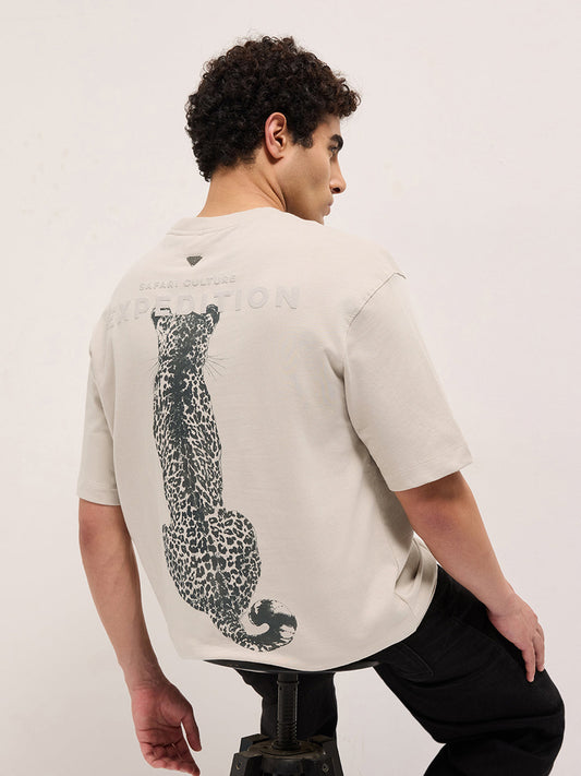 Cream Crew Neck Graphic Print T-Shirt with Leopard Illustration on Back