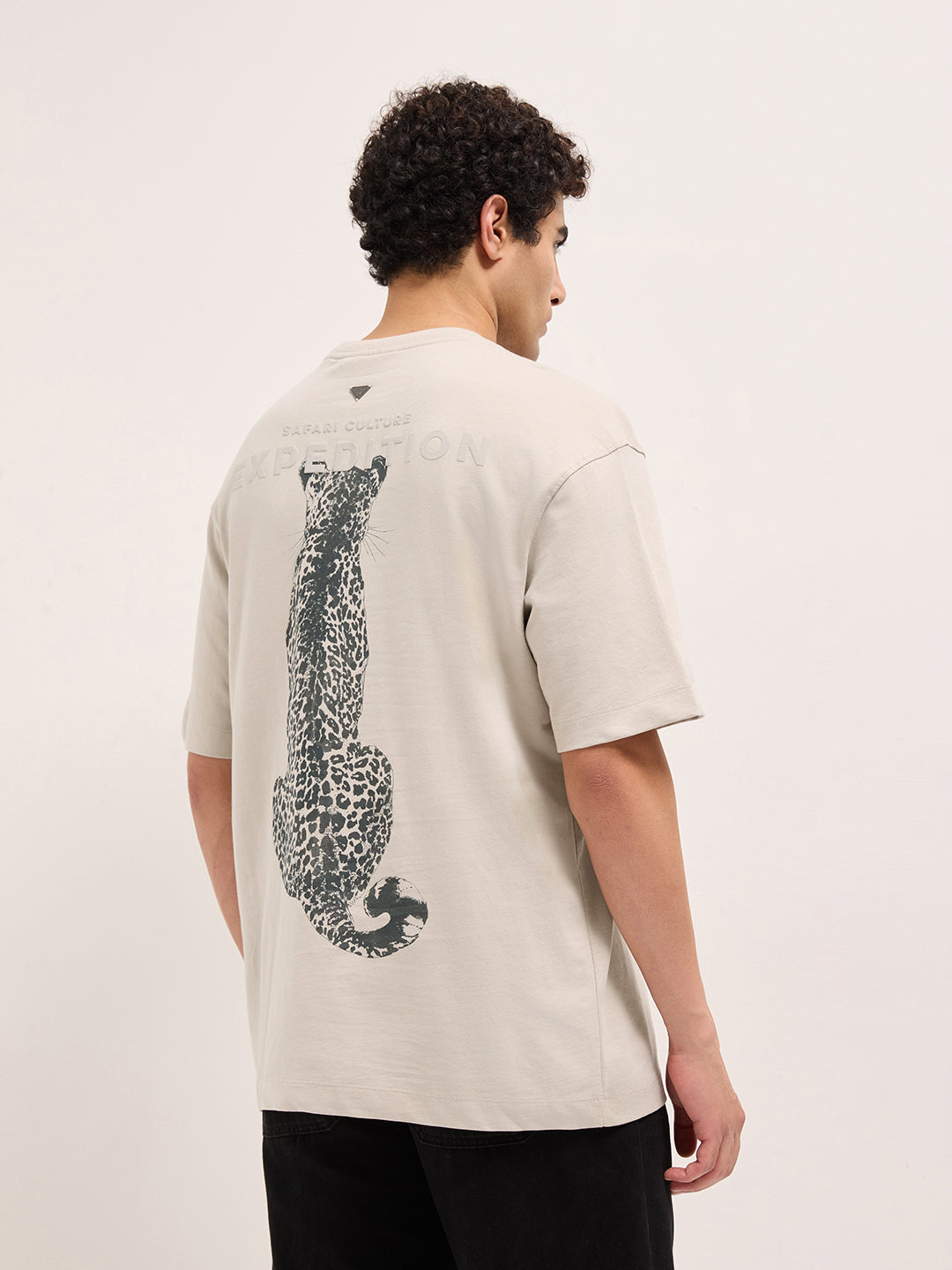 Cream Crew Neck Graphic Print T-Shirt with Leopard Illustration on Back
