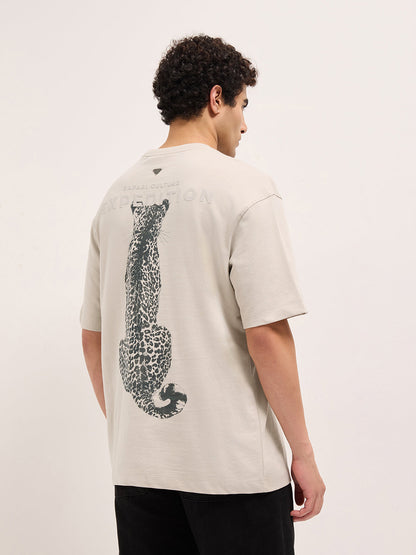 Cream Crew Neck Graphic Print T-Shirt with Leopard Illustration on Back