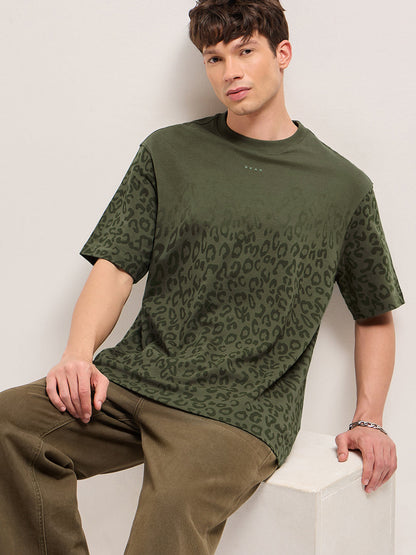 Olive Oversized Crew Neck T-Shirt with Gradient Tonal Leopard Print