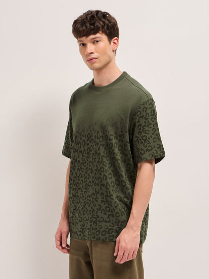 Olive Oversized Crew Neck T-Shirt with Gradient Tonal Leopard Print