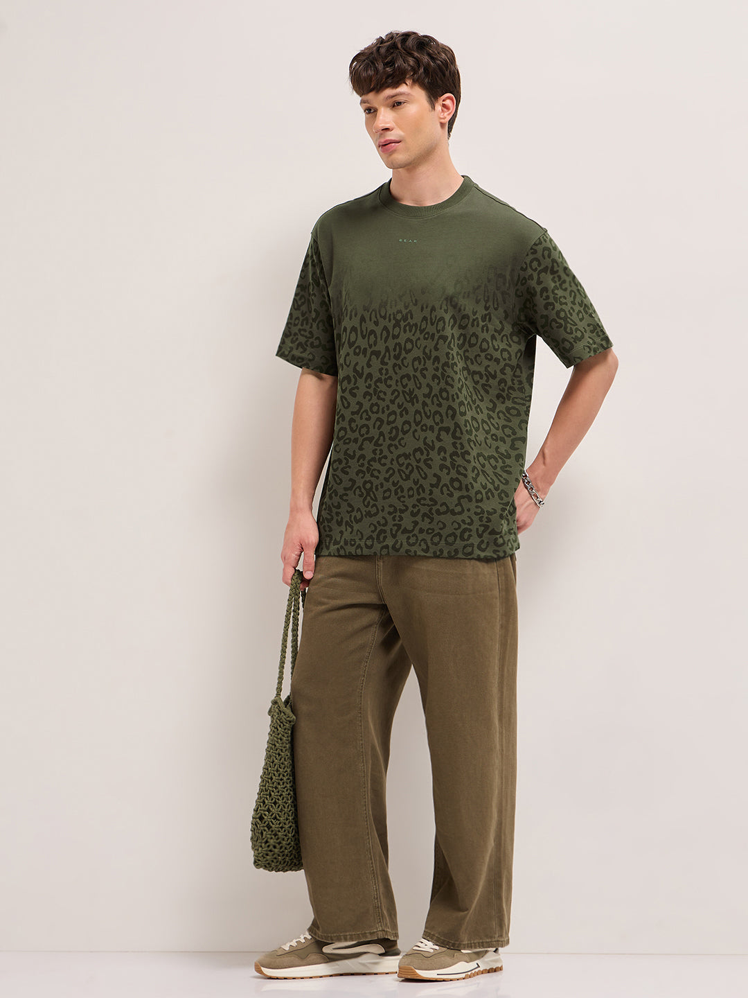 Olive Oversized Crew Neck T-Shirt with Gradient Tonal Leopard Print