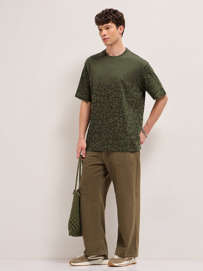 Olive Oversized Crew Neck T-Shirt with Gradient Tonal Leopard Print