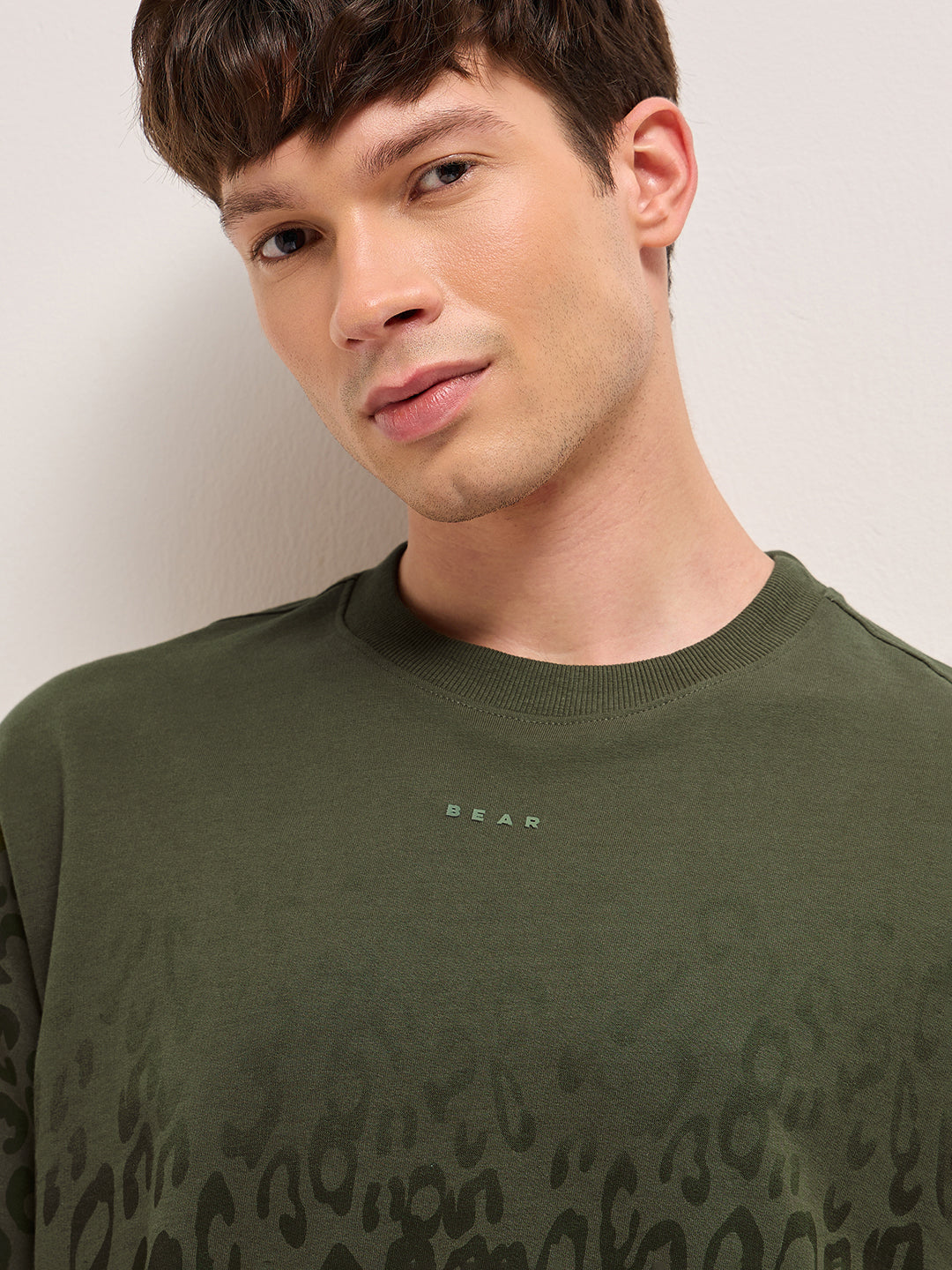 Olive Oversized Crew Neck T-Shirt with Gradient Tonal Leopard Print