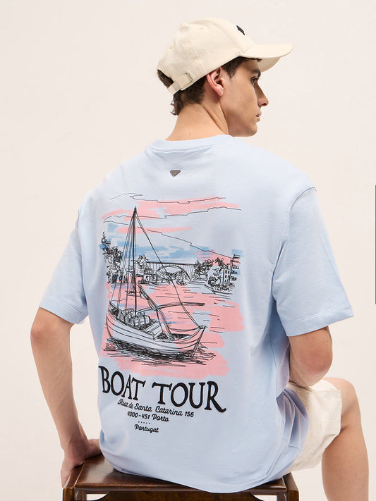 Light Blue Oversized Crew Neck T-Shirt with Back Boat Tour Scenic Graphic Print