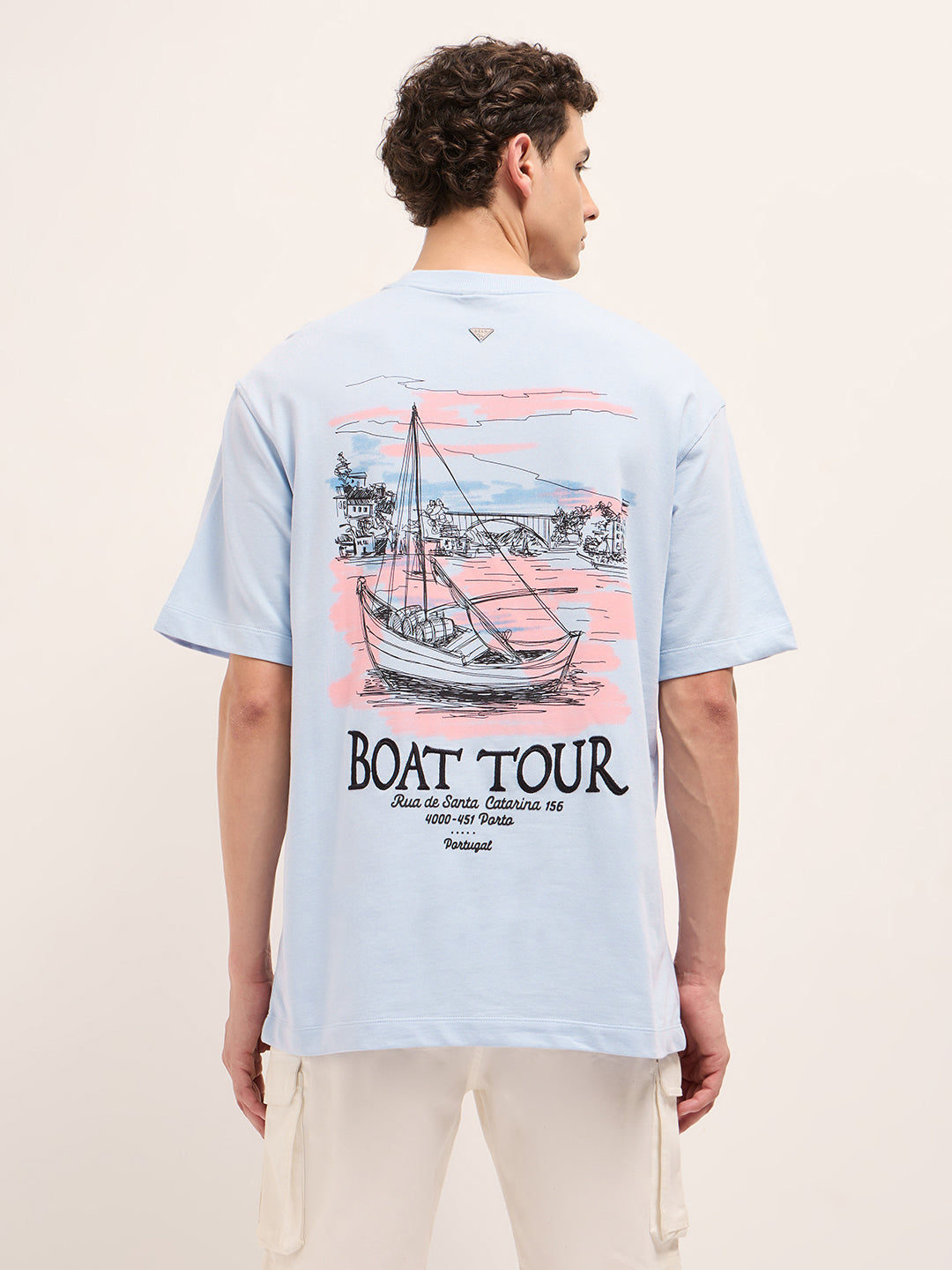 Light Blue Oversized Crew Neck T-Shirt with Back Boat Tour Scenic Graphic Print
