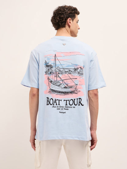 Light Blue Oversized Crew Neck T-Shirt with Back Boat Tour Scenic Graphic Print